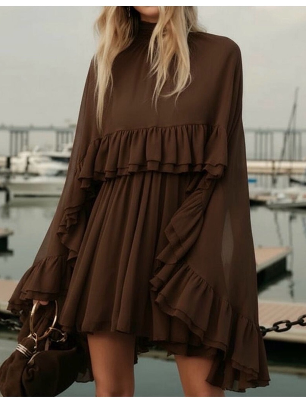 Commense Brown Ruffle Long-Sleeve Mini Dress